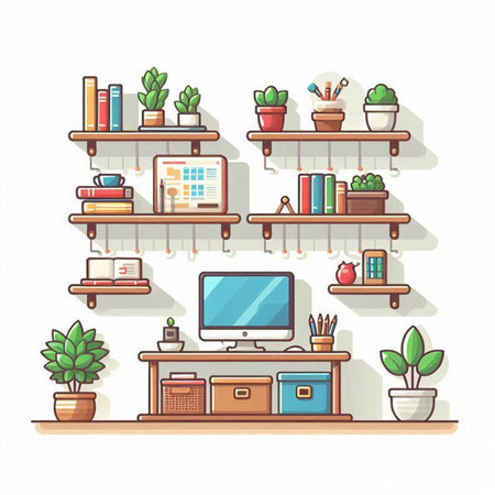 Vector illustration of a shelf with home office objects in flat style.のイラスト素材