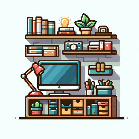 Bookshelf with books, computer and stationery. Vector illustration.のイラスト素材