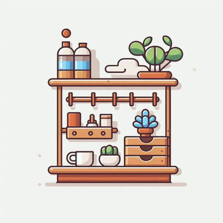 Vector illustration of a shelf with plants. Flat line art style.のイラスト素材