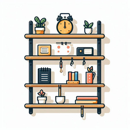 Shelves with books and home related items. Vector illustration.のイラスト素材