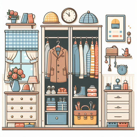 Closet with different clothes and accessories. Vector illustration in cartoon style.のイラスト素材