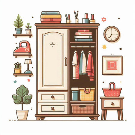 Vector illustration of a wardrobe with different things. Furniture and accessories.のイラスト素材