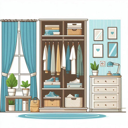 Closet with clothes and accessories in the room. Vector illustrationのイラスト素材