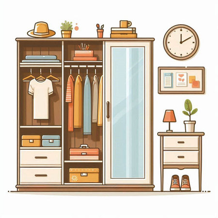 Closet with clothes and accessories. Vector illustration in cartoon style.のイラスト素材
