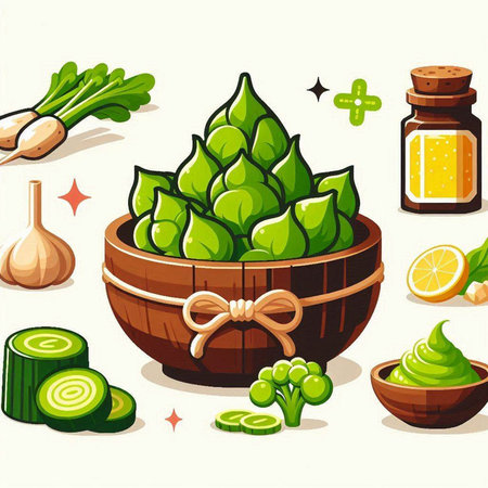 Spices and herbs in wooden bowl. Vector cartoon illustration of healthy food.のイラスト素材