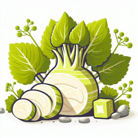 Illustration of a fresh green turnip with leaves and stones.のイラスト素材
