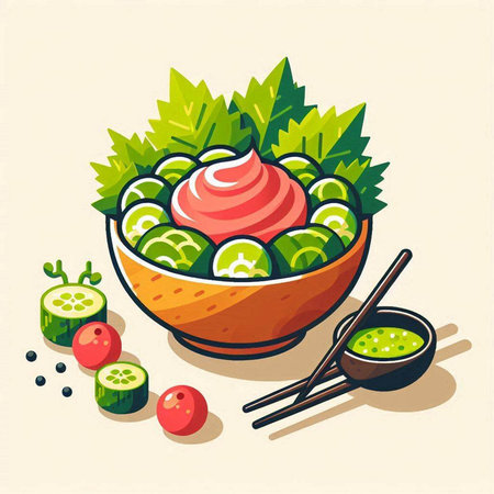 Vegetable salad in a bowl with chopsticks. Vector illustration.のイラスト素材