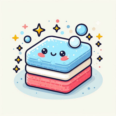 Cute cartoon vector illustration of a sponge with foam and bubbles.のイラスト素材