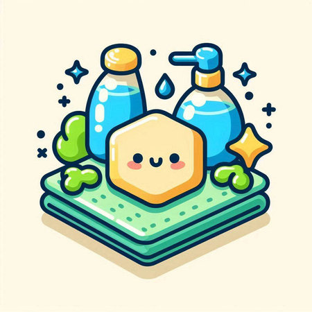 Cleaning products - soap, shampoo, shower gel, towel, sponge. Vector illustration.のイラスト素材