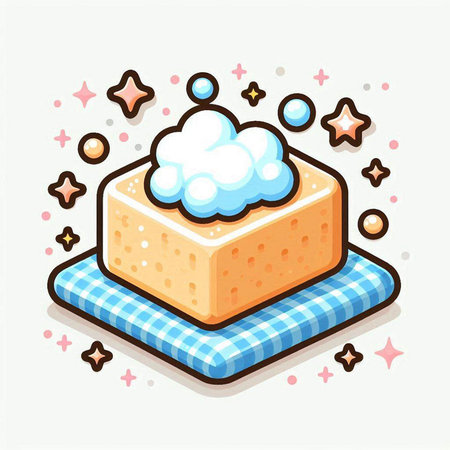 Cleaning sponge and soap with foam. Vector illustration in cartoon style.のイラスト素材