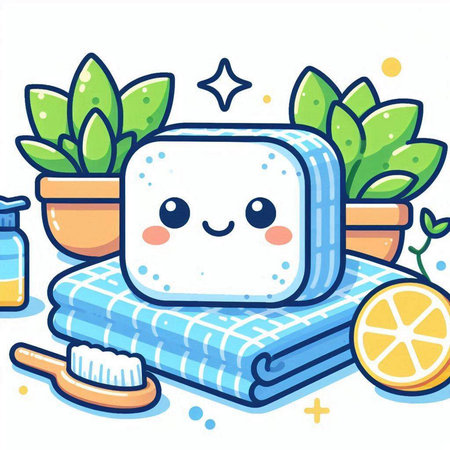 Illustration of a soap with a toothbrush, a towel, a lemon and a plant.のイラスト素材