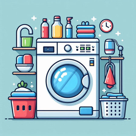 Washing machine with cleaning equipment. Vector illustration in flat style.のイラスト素材