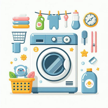 Laundry icons set. Washing machine, clothes dryer, laundry basket, washing powder and other cleaning tools. Vector illustrationのイラスト素材