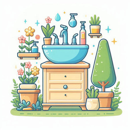 Bathroom interior with furniture and flowers. Vector illustration in cartoon style.のイラスト素材