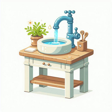 Faucet and sink on a wooden table. Vector illustration.のイラスト素材