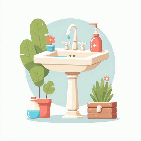 Bathroom interior with sink, mirror, towel, flowerpot and plant. Vector illustration.のイラスト素材