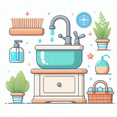 Bathroom interior design elements. Bathroom accessories. Vector illustration.のイラスト素材