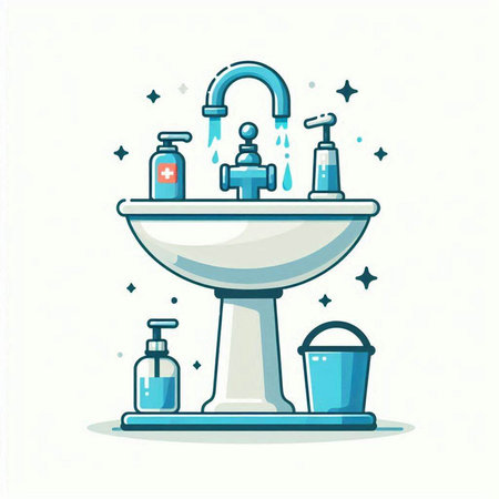Vector illustration of a washbasin with soap, shampoo and water.のイラスト素材
