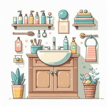 Bathroom interior. Bathroom furniture and accessories. Vector illustration.のイラスト素材