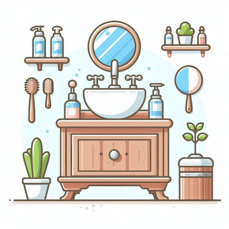 Furniture and accessories for the bathroom. Vector illustration in line style.のイラスト素材