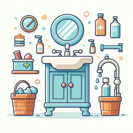 Bathroom interior design. Bathroom accessories. Vector illustration.のイラスト素材