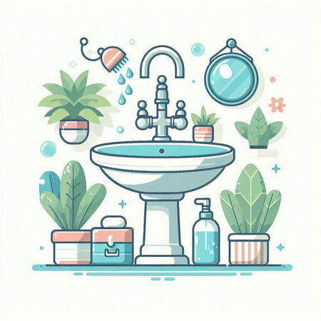Bathroom interior with faucet and sink. Vector illustration.のイラスト素材