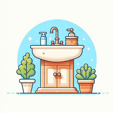 Bathroom interior with sink, mirror, towels, towels and plants. Vector illustrationのイラスト素材
