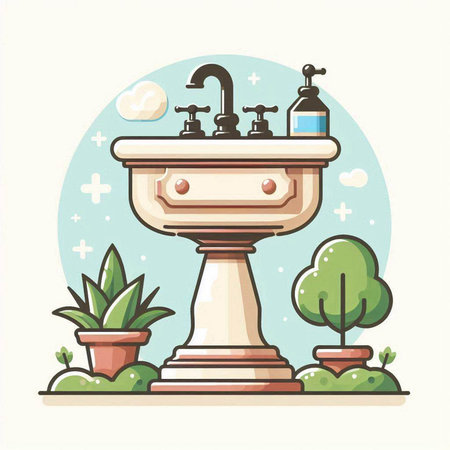 Vector illustration of a washbasin in the garden. Flat style.のイラスト素材