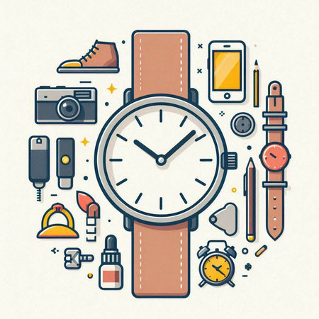 Wristwatch and other accessories. Vector illustration in thin line styleのイラスト素材