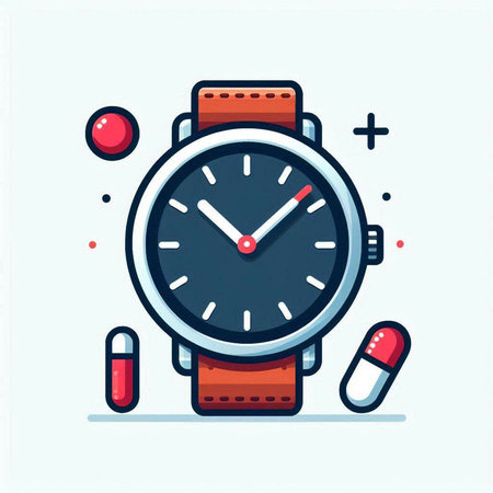 Wrist watch and pills. Vector illustration in flat line style.のイラスト素材