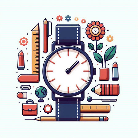 Colorful flat design vector illustration of wristwatch and stationery. Time management concept.のイラスト素材