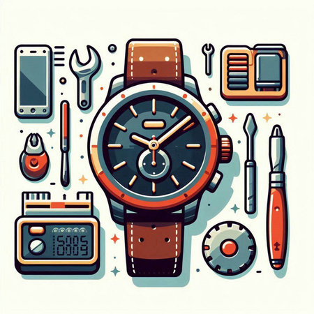 Vector illustration of wristwatch, tools and accessories in cartoon style.のイラスト素材