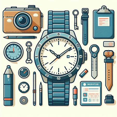 Wristwatch, camera, pen, pencil and other accessories for men. Vector illustration.のイラスト素材