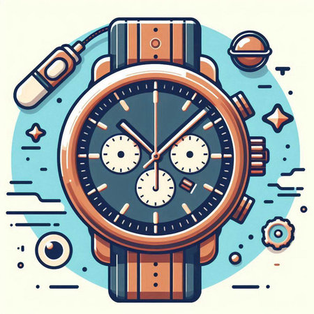 Vector illustration of wristwatch on blue background. Line art style.のイラスト素材