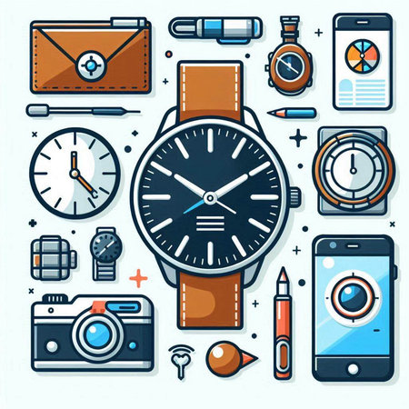 Vector illustration of wristwatch, wristwatch, watch, mobile phone and other accessories.のイラスト素材