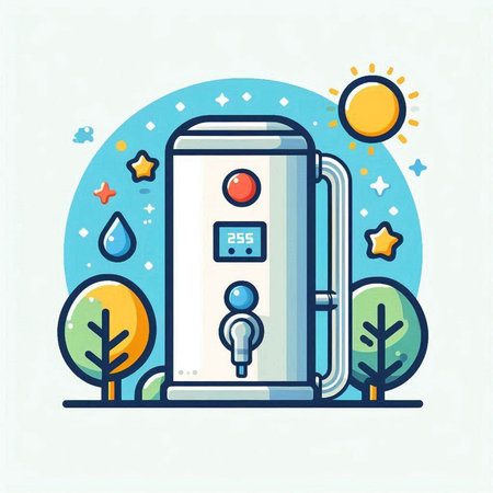 Water cooler with sun and trees. Flat line style vector illustration.のイラスト素材
