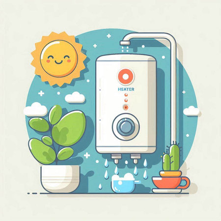 Illustration of a hot water boiler in flat design style with sun and plants.のイラスト素材