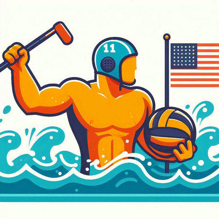 Water polo player vector illustration. Water polo player with ball and helmetのイラスト素材