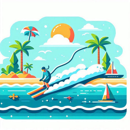Man riding a water slide on the beach. Flat vector illustration.のイラスト素材