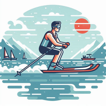 Skiing in the mountains. Vector illustration in retro style.のイラスト素材