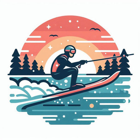 Skiing on the lake. Vector illustration in flat style.のイラスト素材