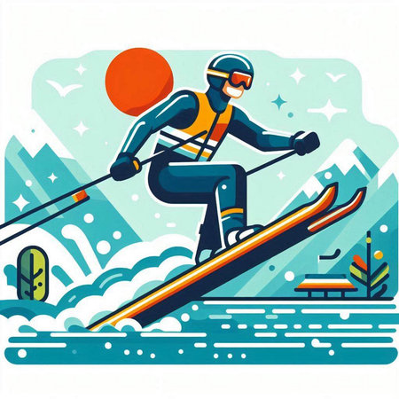 Skiing in the mountains. Vector illustration in retro style.のイラスト素材