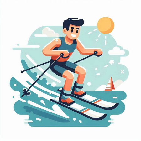 Man skiing on the lake. Vector illustration in flat cartoon style.のイラスト素材