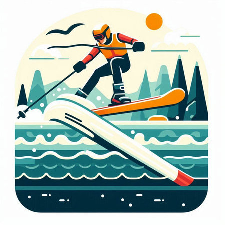 Vector illustration of skier skiing on the lake in summer. Flat styleのイラスト素材