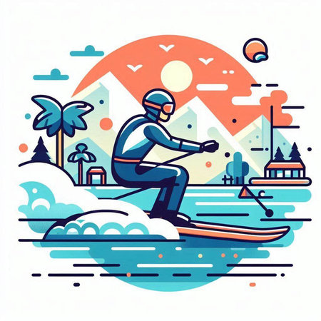 Vector illustration of a man skiing on the lake. Flat line art style design.のイラスト素材