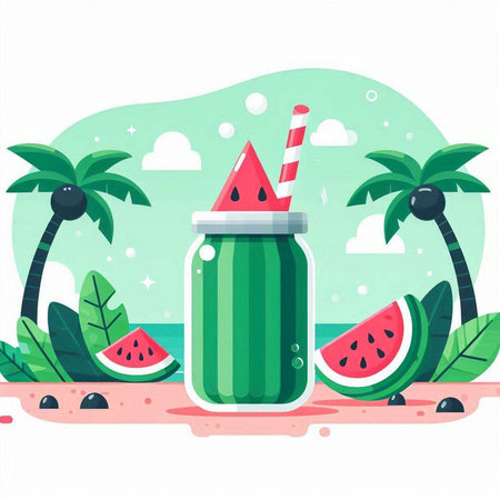 Smoothie with watermelon in a glass on the beach. Vector illustration.のイラスト素材