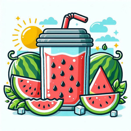 Watermelon smoothie in a glass with a straw and watermelon slices. Vector illustration.のイラスト素材