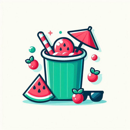 Vector illustration of ice cream in a cup with watermelon and sunglasses.のイラスト素材