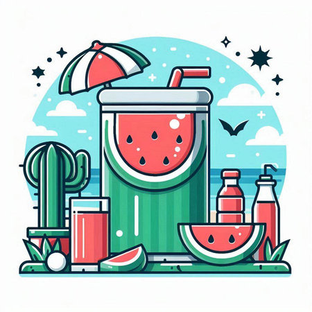 Watermelon smoothie in a glass on the beach, vector illustrationのイラスト素材