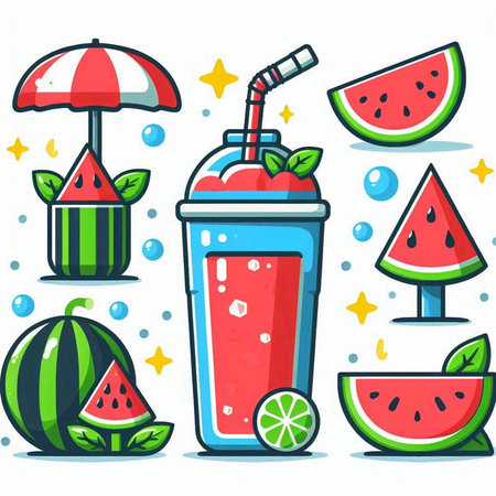 Fruit smoothie in a glass with a straw, watermelon and umbrella. Vector illustration.のイラスト素材